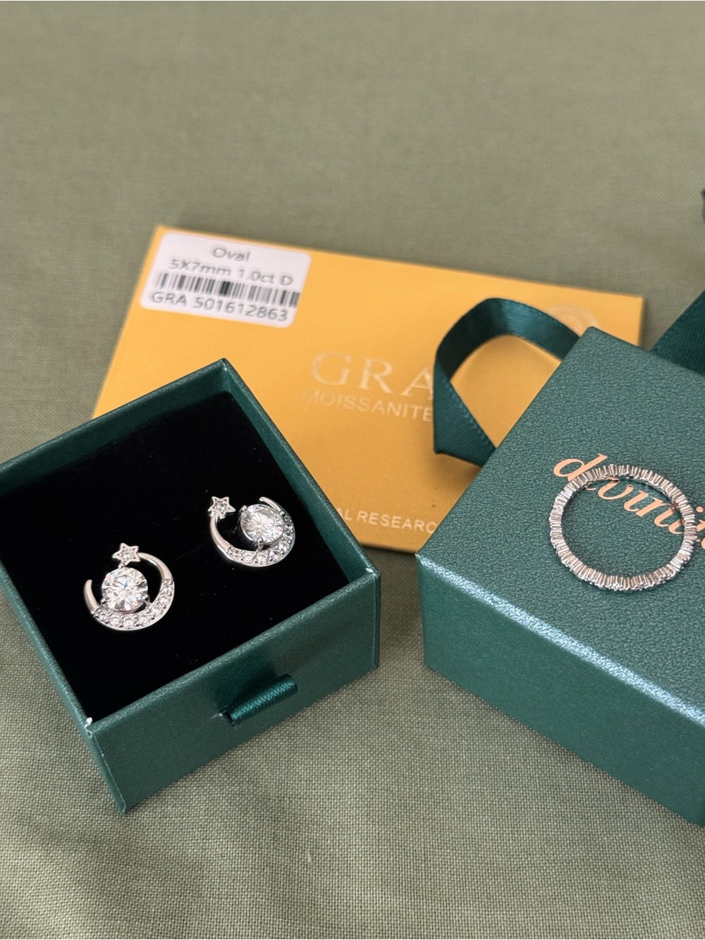2ct Moissanite Moon & Star Stud Earrings Sterling Silver GRA Certified